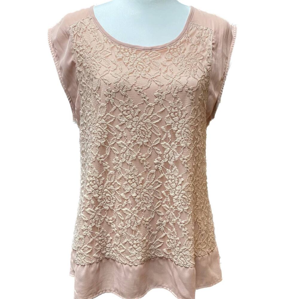 Spense Knit Popover Scoop Neck Sleeveless Lace Cottagecore Top Women XL Pink